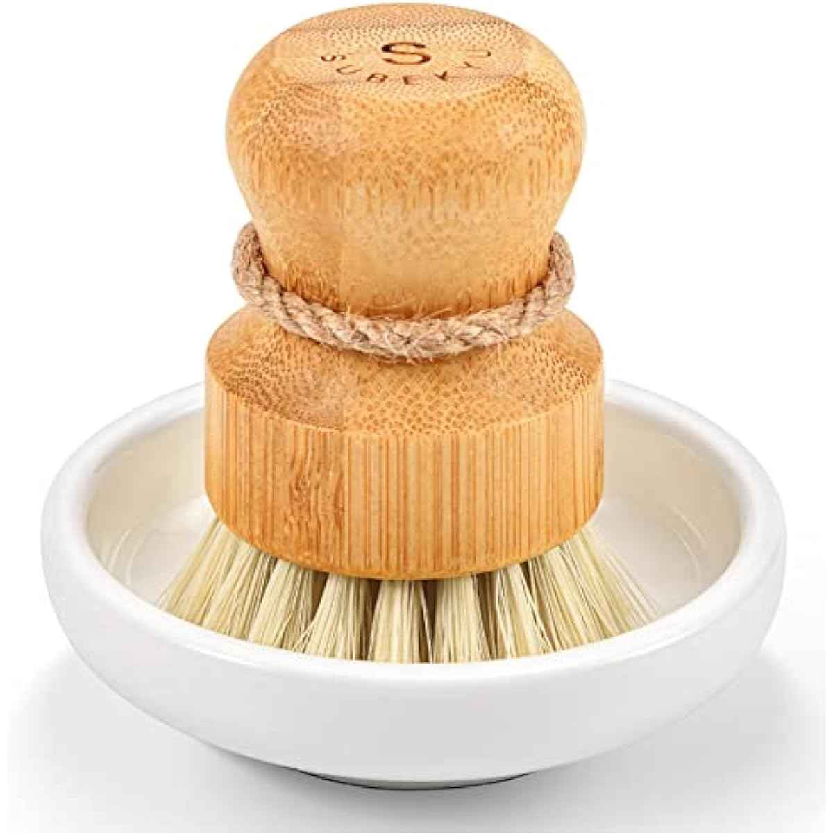 SUBEKYU Bamboo Dish Scrub Brush for Kitchen Sink, Natural Wooden Washing Dish Brush Scrubber with Sisal Bristles for Household Cleaning, Cast Iron Pots, Pans and Vegetables