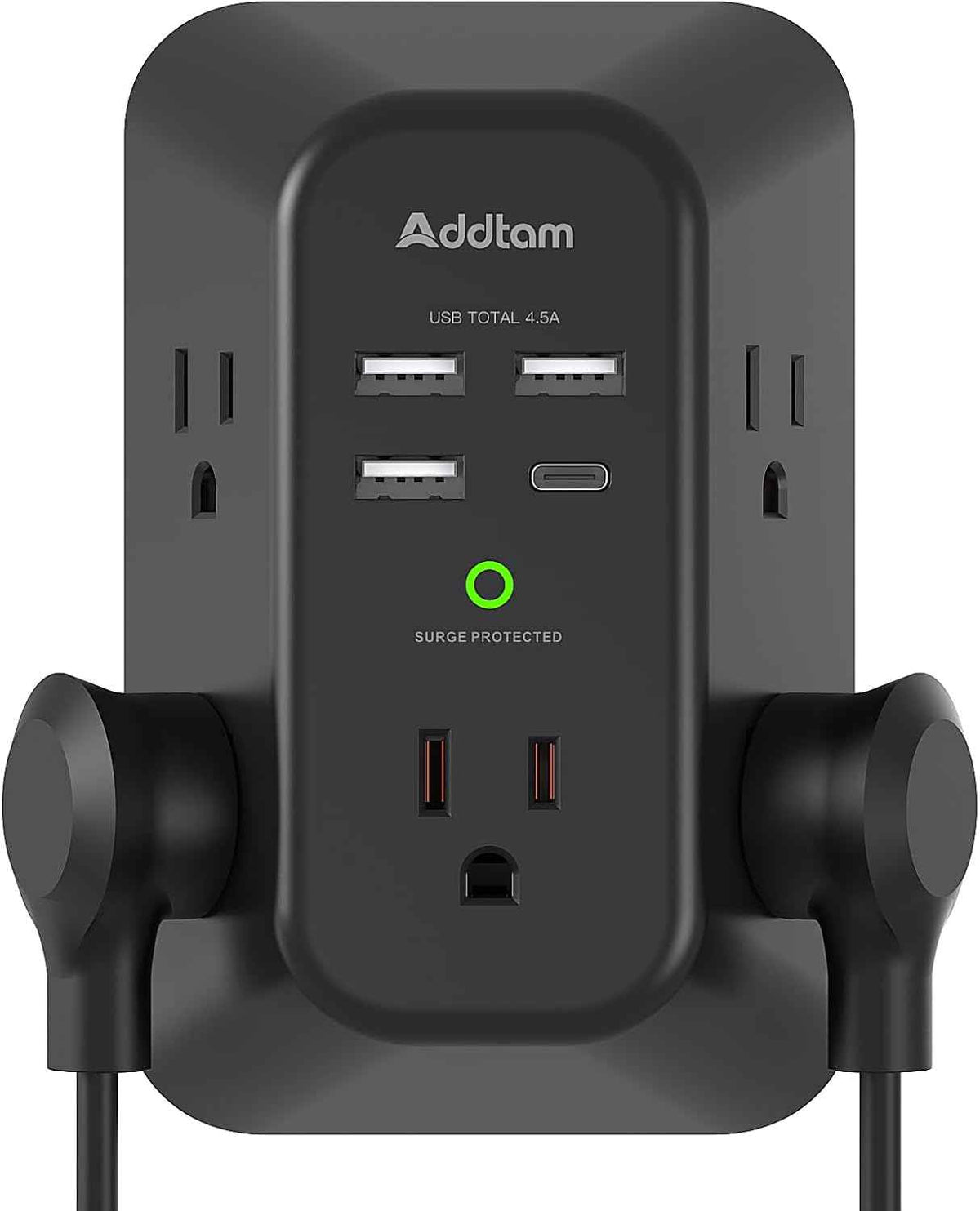 Addtam USB Wall Charger Surge Protector 5 Outlet Extender with 4 USB Charging Ports (1 USB C Outlet) 3 Sided 1800J Power Strip Multi Plug Outlets Wall Adapter Spaced for Home Travel Office ETL Listed
