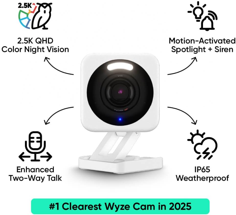 WYZE Cam v4, 2.5K QHD WiFi Indoor/Outdoor Smart Home Security Camera, Pet/Baby Monitor, Motion Activated Spotlight/Siren, Color Night Vision, 2-Way Audio, Works with Alexa & Google