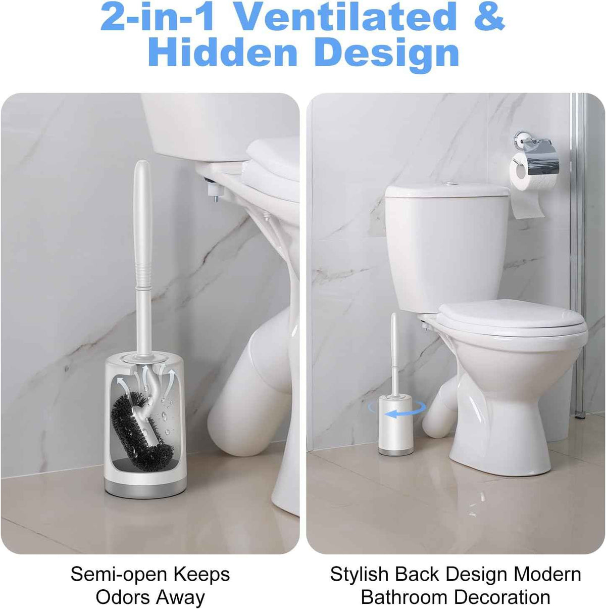 HAMITOR Toilet Bowl Brush Holder Set: Curved Design with Holder for Deep Cleaning Under Rim - Compact Hidden Scrubber for Small Space - Modern RV Bathroom Accessories - White