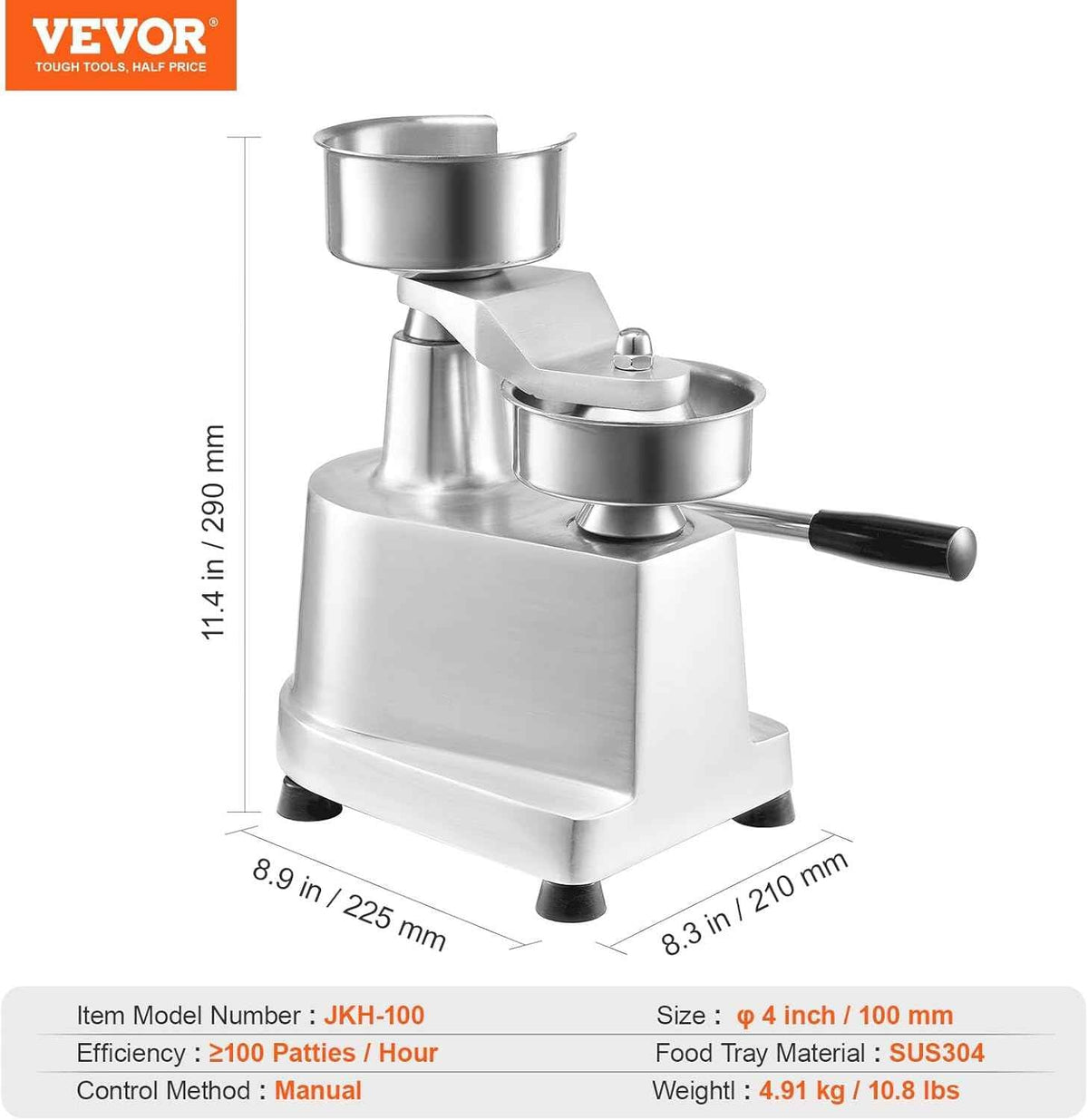 VEVOR Commercial Burger Patty Maker, 100mm/4inch Hamburger Beef Patty Maker, Heavy Duty Food-Grade Stainless Steel Bowl Burger Press Machine, Kitchen Meat Forming Processor with 1000 Pcs Patty Papers