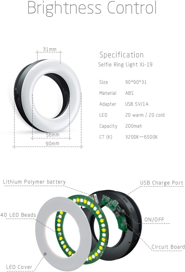 XINBAOHONG Selfie Ring Light Rechargeable Portable Clip-on Selfie Fill Light with 40 LED for Smart Phone Photography, Camera Video, Girl