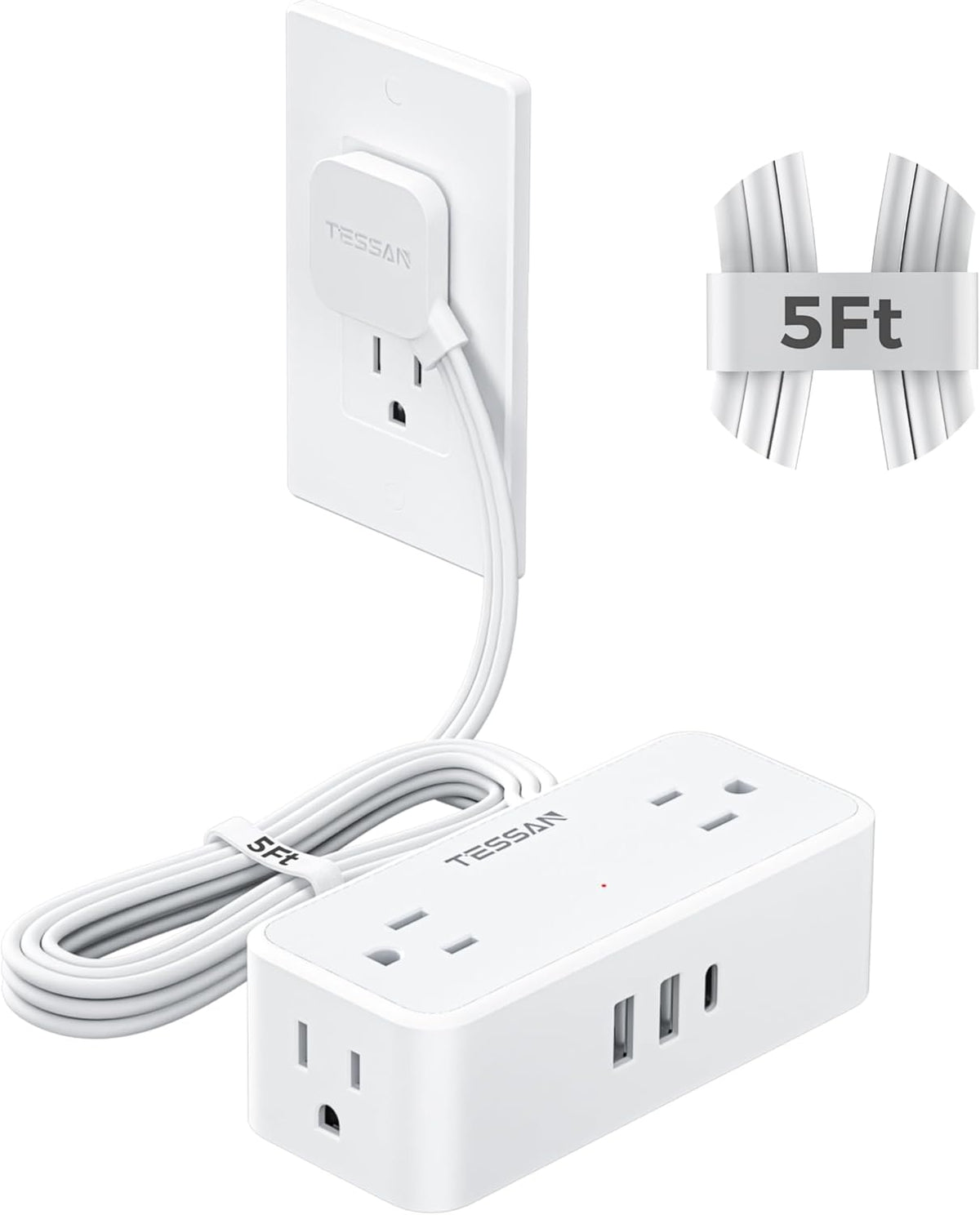 TESSAN 5 FT flat plug extension cord with 4 AC outlets and 3 USB ports for home office or dorm
