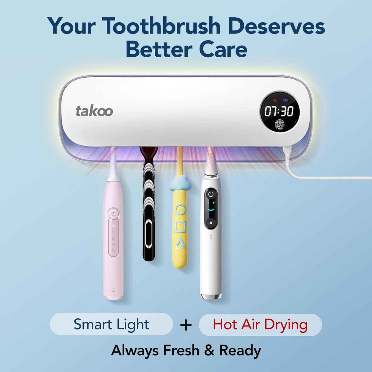 Takoo Toothbrush Cleaner, 4 Slots Wall Mounted Toothbrush Holder for Bathroom, Smart Hot Air Drying Technology, Rechargeable Smart Home Gadget