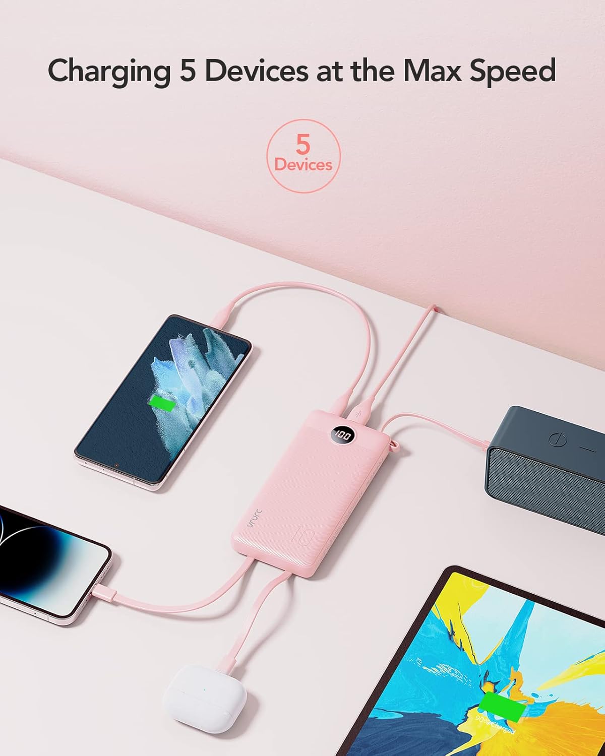 VRURC Portable Charger Power Bank, 10000mAh Travel Essentials Battery Pack, 5 Outputs 2 Inputs Slim Charging Bank Built-in Cables Cords Wires Compatible with iPhone,Samsung,Android-Pink(1 Pack)