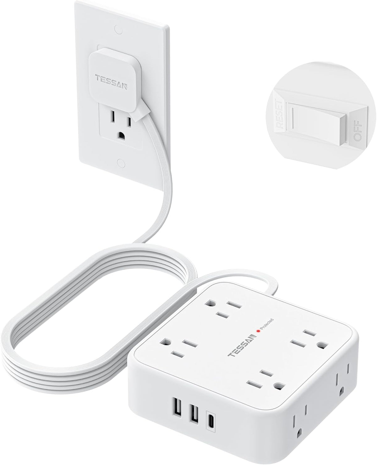TESSAN 5 Ft flat plug extension cord with 3 USB, 8 outlets, 900J surge protection for office, dorm room essentials