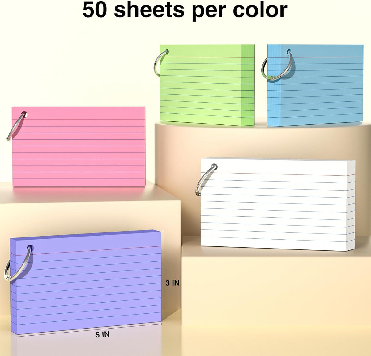 250 Count Colored Index Cards 3x5 Inch with Key Ring, 180gsm Heavy Weight Flash Cards 5 Color (50 Sheets Each), Portable Note Taking for Students, Teachers, Study Note Cards for Office Home School