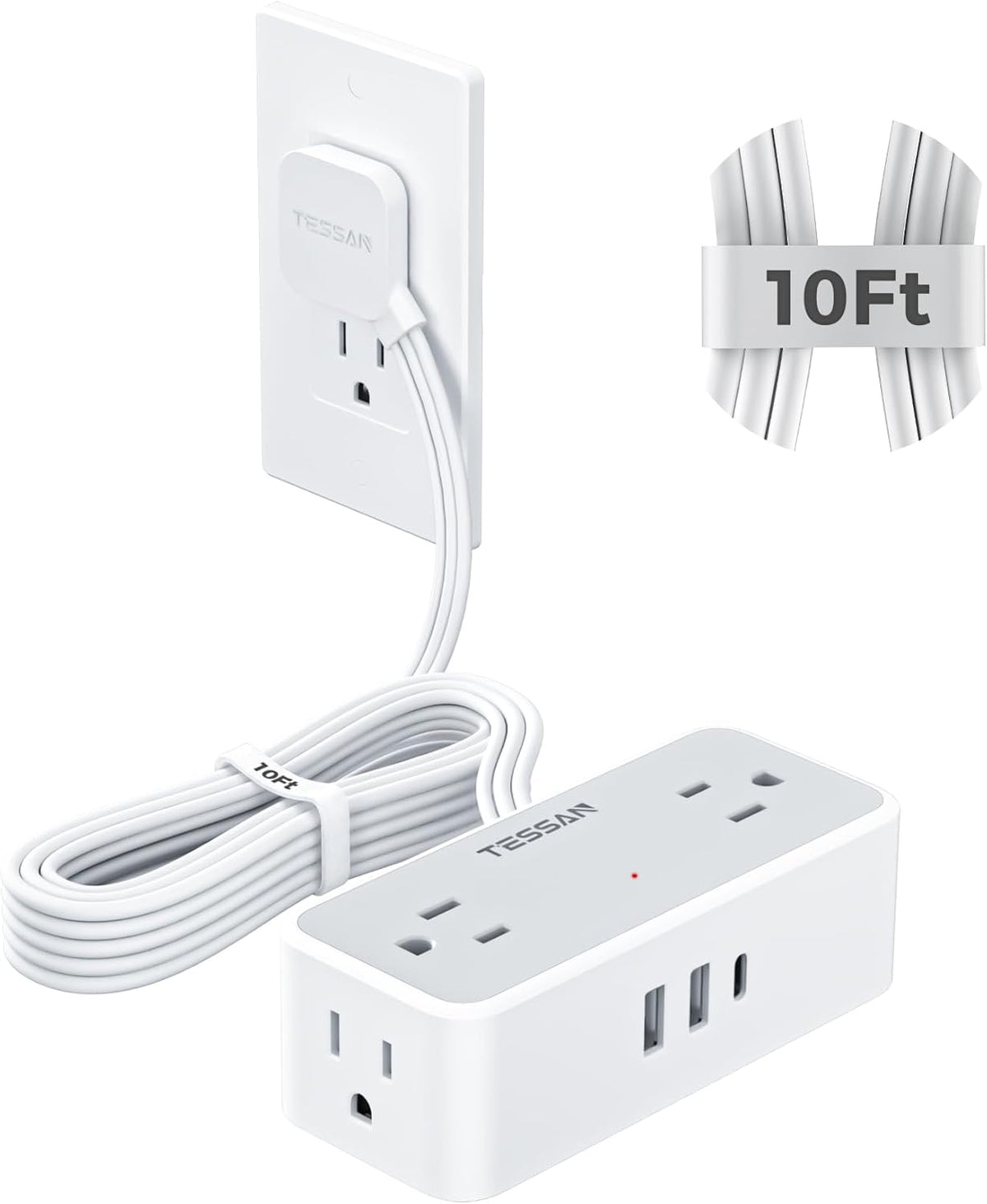 TESSAN 5 FT flat plug extension cord with 4 AC outlets and 3 USB ports for home office or dorm