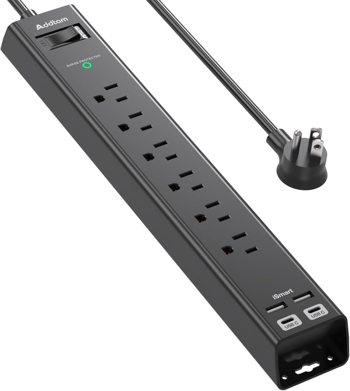 Surge protector power strip with 6 AC outlets and 4 USB ports, flat plug, 1875W/15A, overload protection