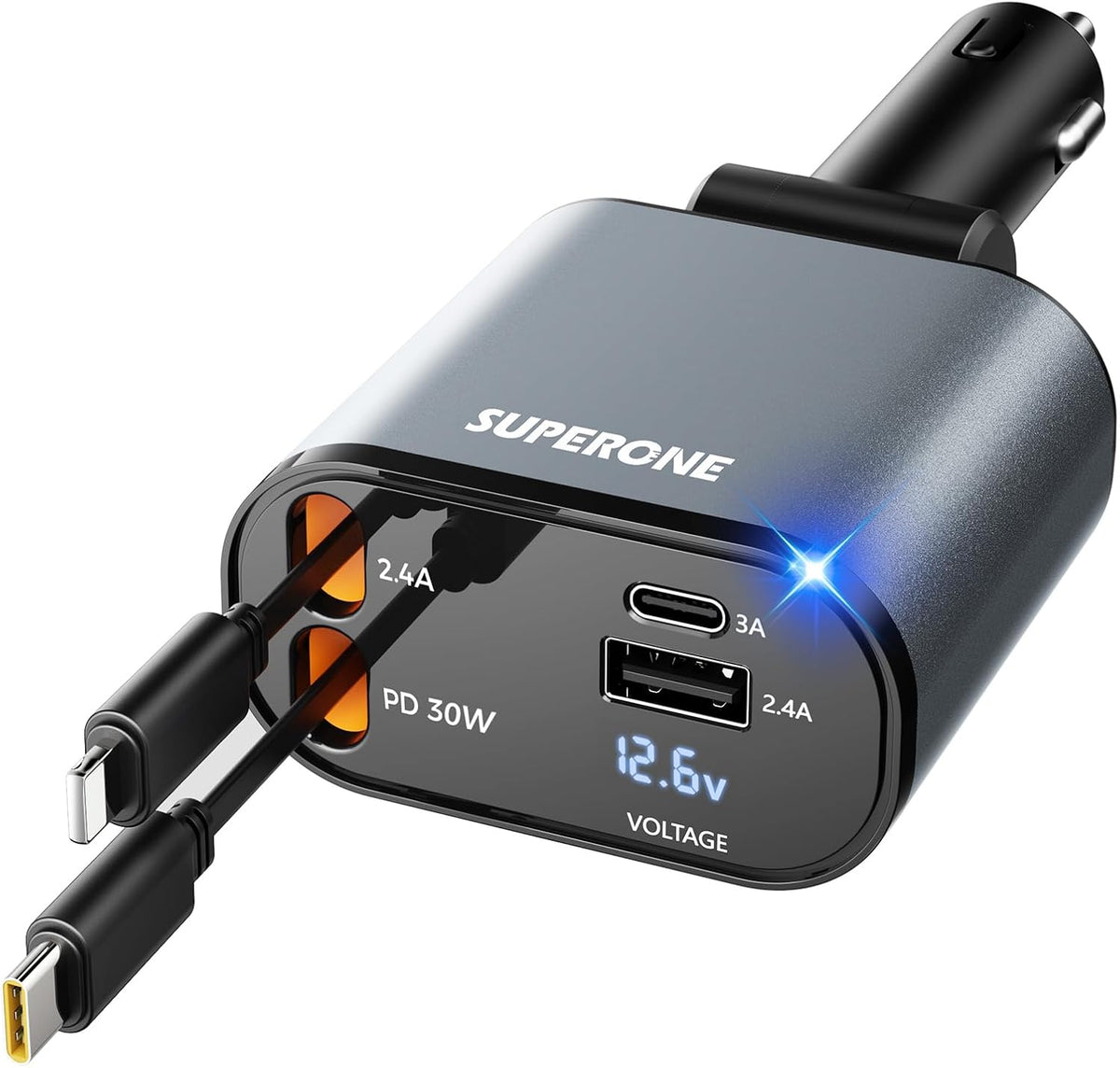 【Upgraded】 SUPERONE Retractable Car Charger 4 in 1, Fast Car Phone Charger with Cord 2.6ft, USB C and Apple Car Adapter, Compatible with iPhone 17 16 15/15 Pro Max/14/13/12/11, Galaxy, Pixel - Rayz Mart