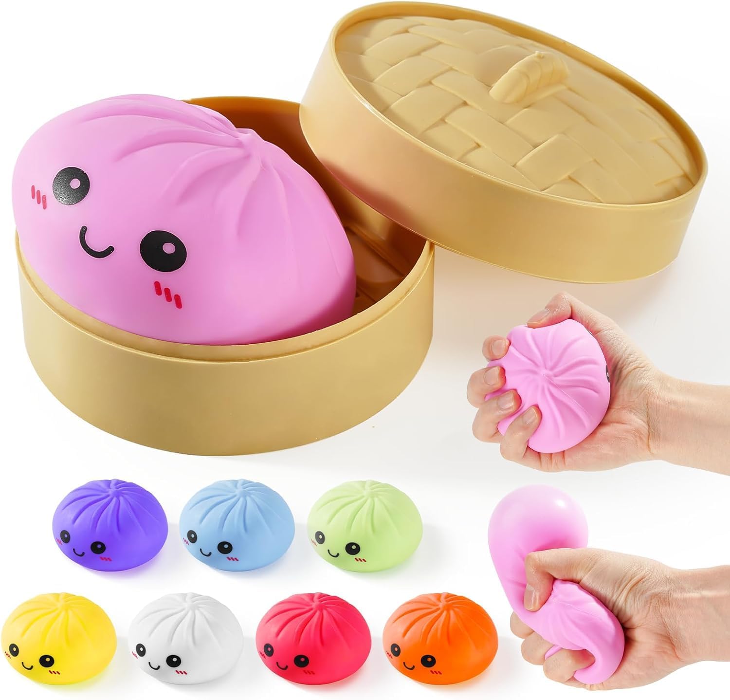 Dumpling Squishies, Glitter Dumpling Mystery Box, Colorful Dumplings Stress Balls Fidget Sensory Toy, Stocking Stuffers with Food Steamer Stretchy Desk Toys