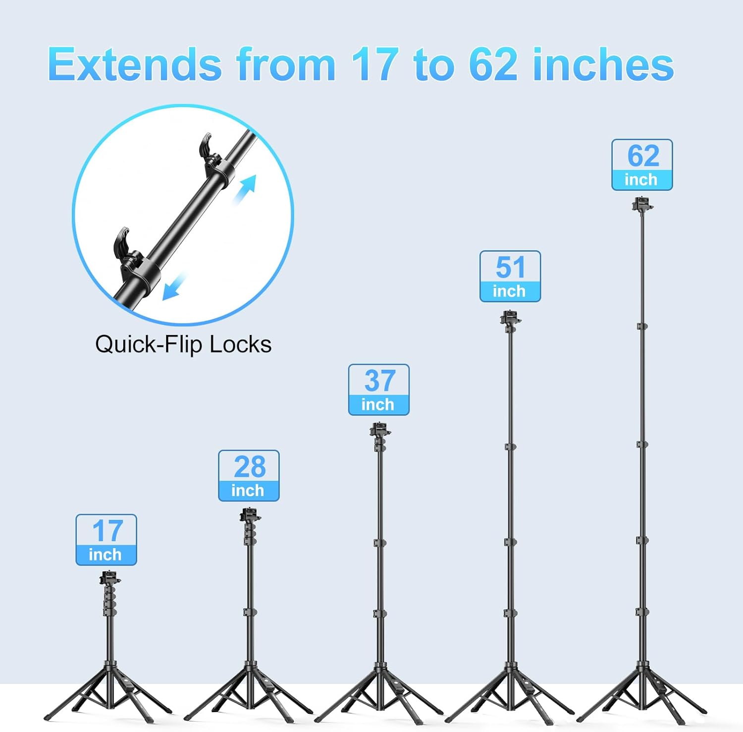 Fugetek 62" Professional Cell Phone Tripod, Ultra Stable 4 Leg Design, Bluetooth Remote, 100% All Aluminum Stick & Legs, Portable All in One, 360° Phone Mount with 2 Cold Shoe Slots, Non Skid Feet