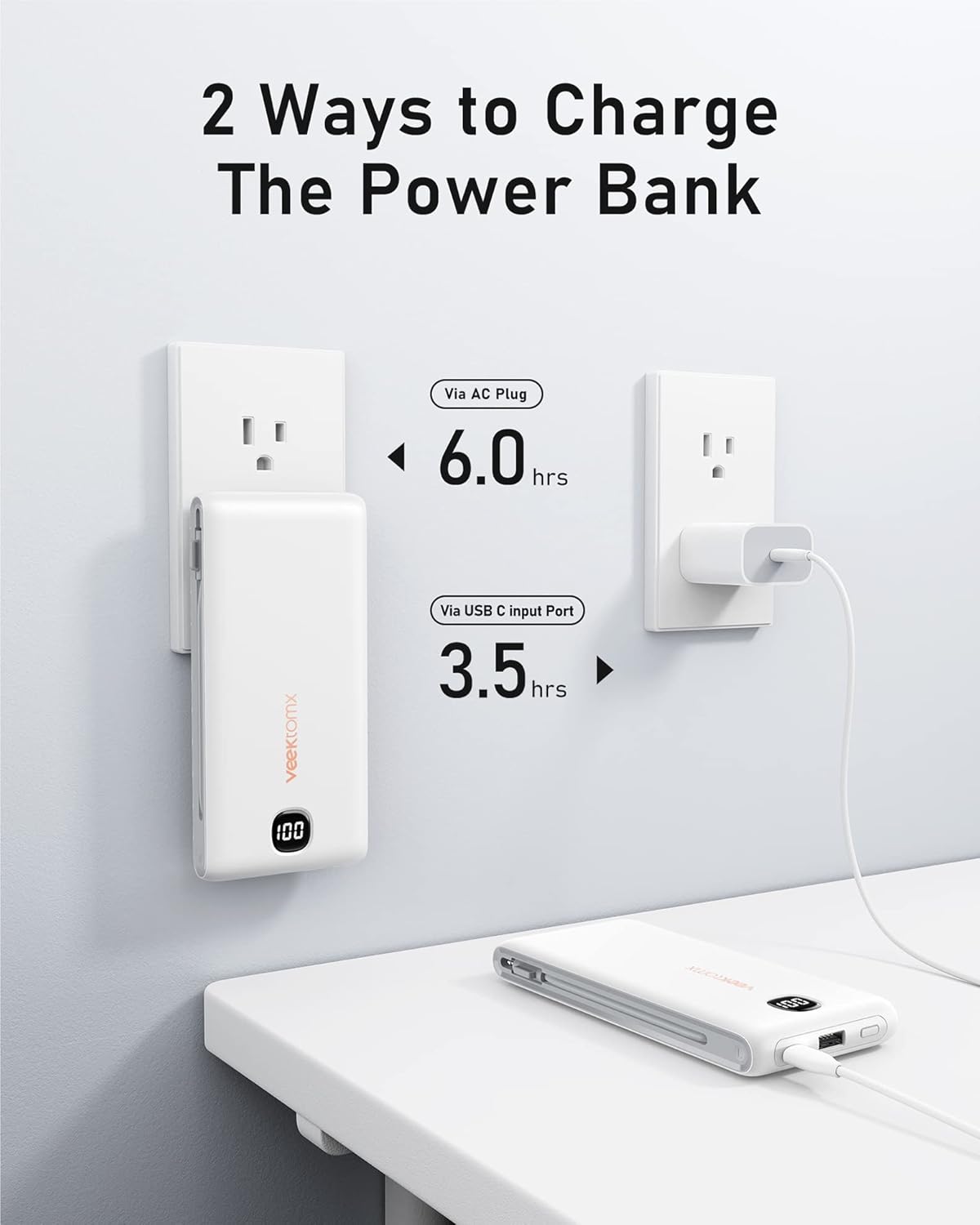 VEEKTOMX Portable Charger with Built in Cables 10000mAh, Power Bank for iPhone with AC Wall Plug, Fast Charging USB C Slim Battery Pack with LED Display Compatible with iPhone 17/16/15/14, Samsung
