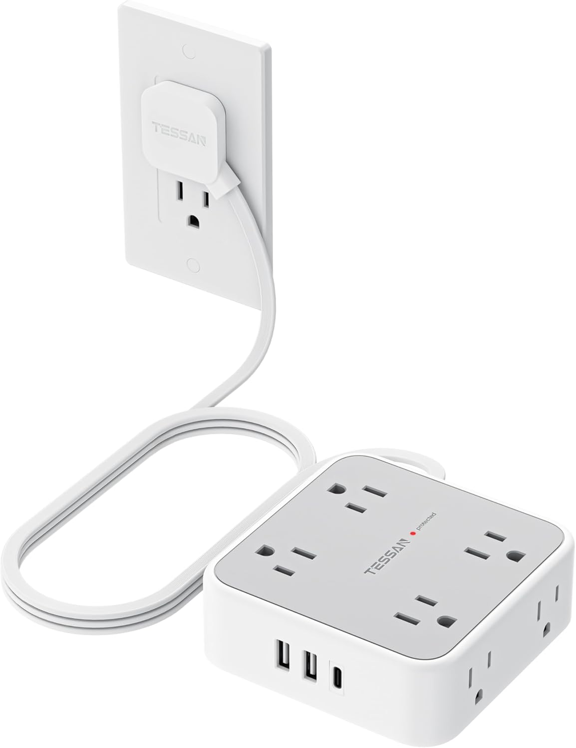TESSAN Surge Protector Power Strip, 5 Ft Flat Plug Extension Cord with 3 USB (1 USB C) 8 Outlets, 1250W, 900J Protection, 3 Sided Outlet Extender with Power Switch for Office, Dorm Room, Grey
