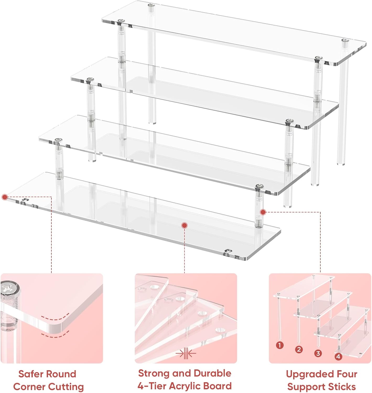 4 Tier Acrylic Display Risers, Clear Perfume Organizer Stand, Large Cupcake Stand Holder, Dessert Display for Party, Display Shelf for Figure and Collection, Riser Stand for Decoration and Organizer