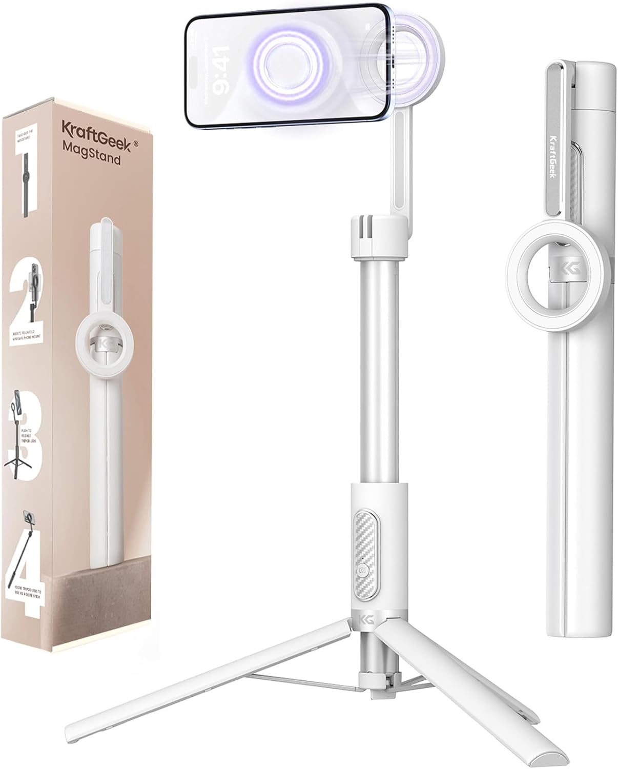 KraftGeek 64" Magnetic Phone Tripod for iPhone MagSafe, Reinforced Aluminum Selfie Stick Tripod Stand for Video Recording, Vlogging & Travel Content Creators