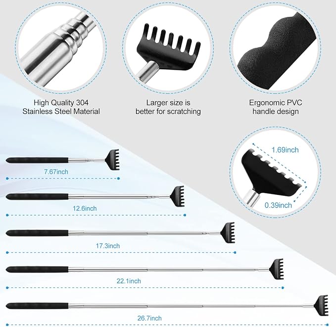 3 Pack Different Back Scratcher Metal Portable Telescoping with Rubber Handles, Extendable Back Massager Tool with Beautiful Box, Stocking Stuffers for Men Women Kids Adults (Black)
