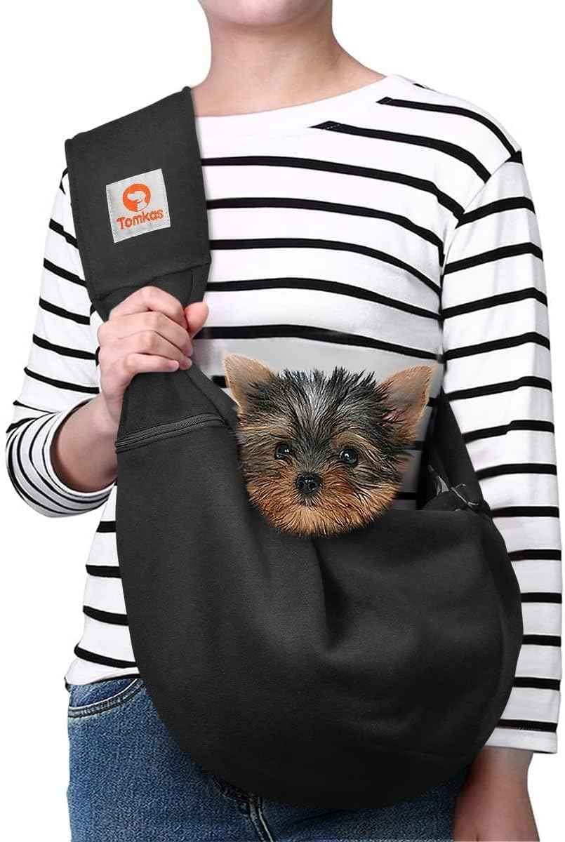 Tomkas Small Dog Sling Carrier - Classic Pocket & Classic Strap - for 3-10 lbs Pets(Black)