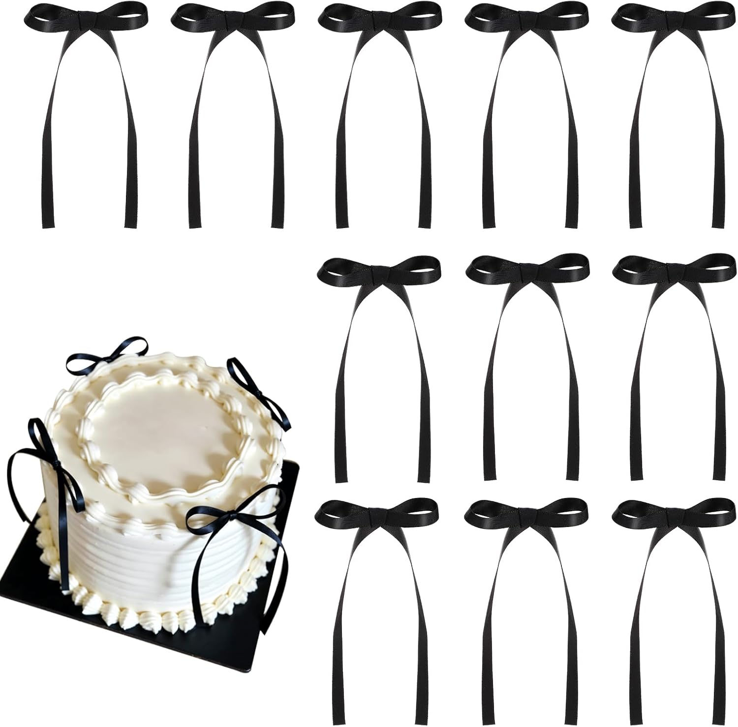 30 Pack Bow Cake Toppers Black Ribbon Bows for Cake Coquette Themed Bow Cupcake Toppers Graduation Decoration Bow Birthday Decorations for Baby Shower, Wedding, Engagement, Bachelorette Party