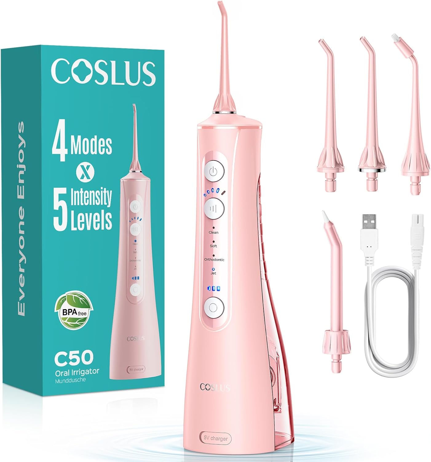 COSLUS C50 Portable Water Flosser for Teeth: 4 Modes & 5 Intensity Levels Professional Electric Dental Pick for Sensitive Gums, Braces & Orthodontic - Cordless for Travel Use, for Adults, BPA-Free