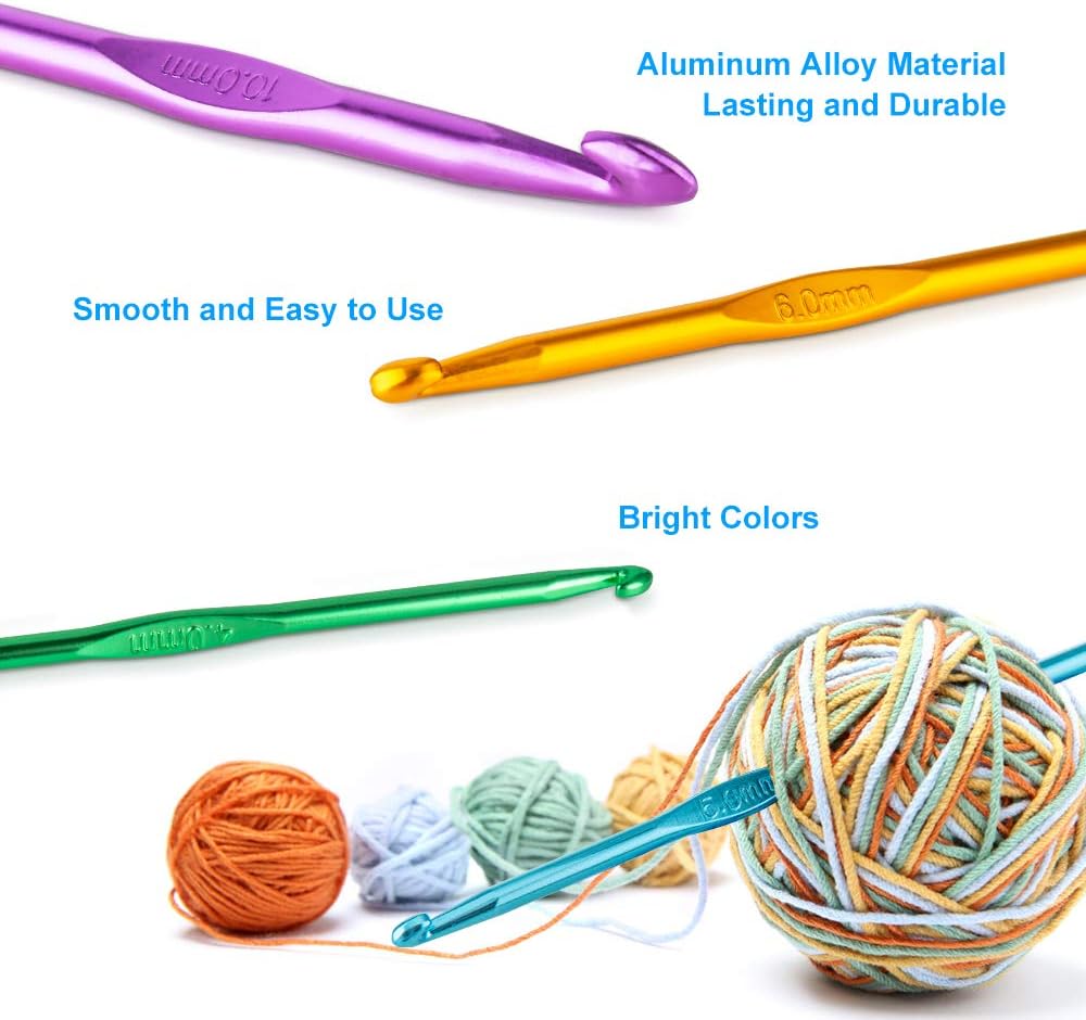 Vodiye 14 Sizes Crochet Hooks Set 2.0–10.0mm, Colorful Metal Crochet Needles, Ergonomic for Comfortable Crocheting
