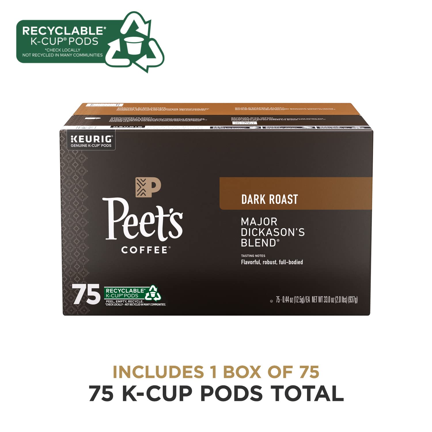 Peet's Coffee, Dark Roast Keurig K-Cup Pods, 100% Arabica Coffee - Major Dickason's Blend 75 Count (1 Box of 75 Pods)