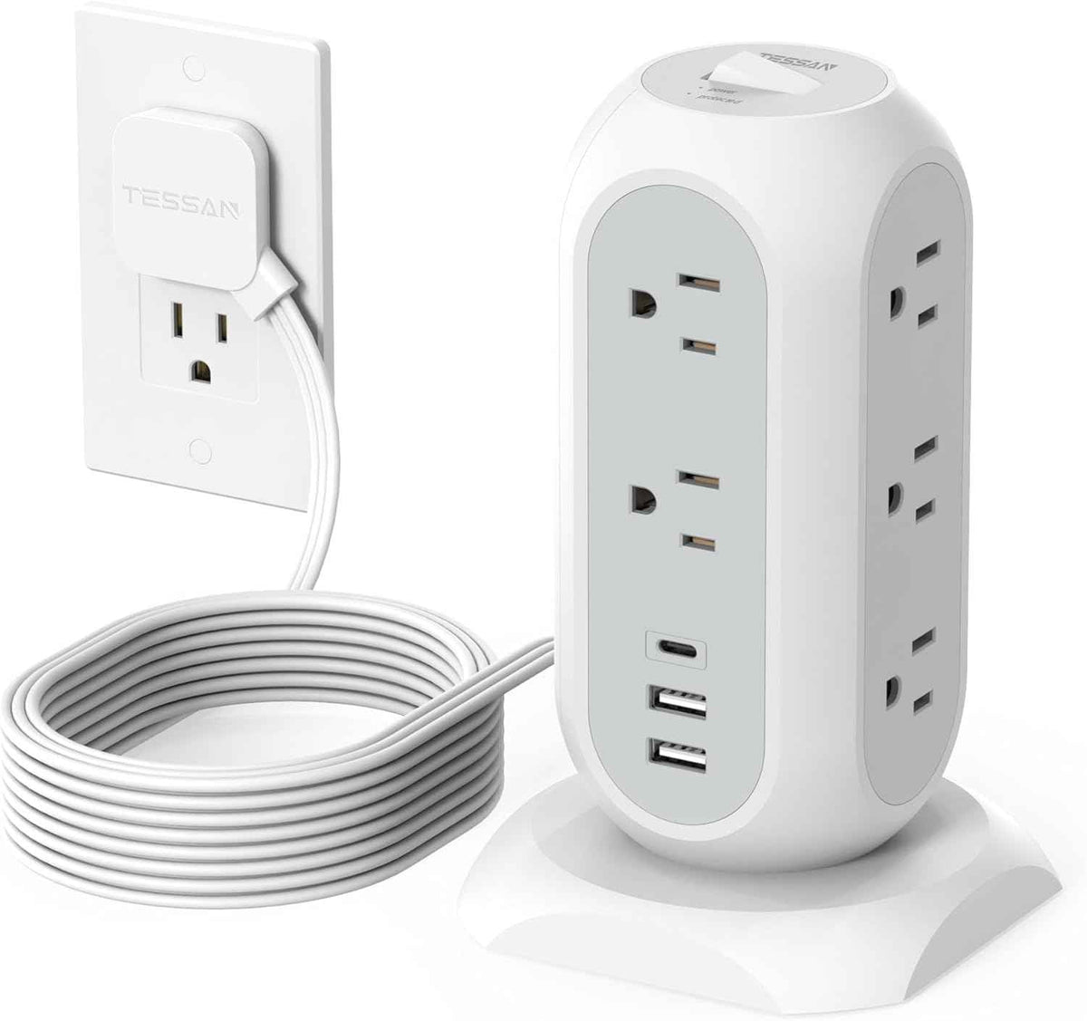 Tower Power Strip Flat Plug with 11 Outlets 3 USB (1 USB C), TESSAN Surge Protector Tower 1625W/13A,1050J Protection, 6 Feet Extension Cord with Multiple Outlets, Office Desk Supplies, Dorm Essentials