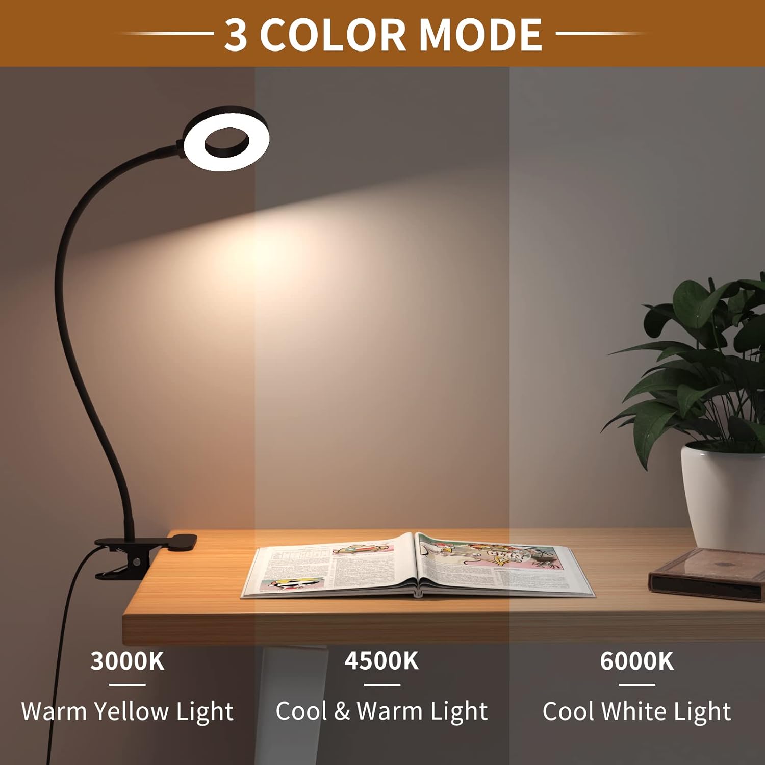 iZELL Desk Lamp, [3 Color Modes & 10 Brightness] LED Reading Light with Clamp, Silicone Flexible Arm Book Light for Kids Reading Book in Bed at Night Clip on Table, Headboard, Dorm - 15.8‘’ Black