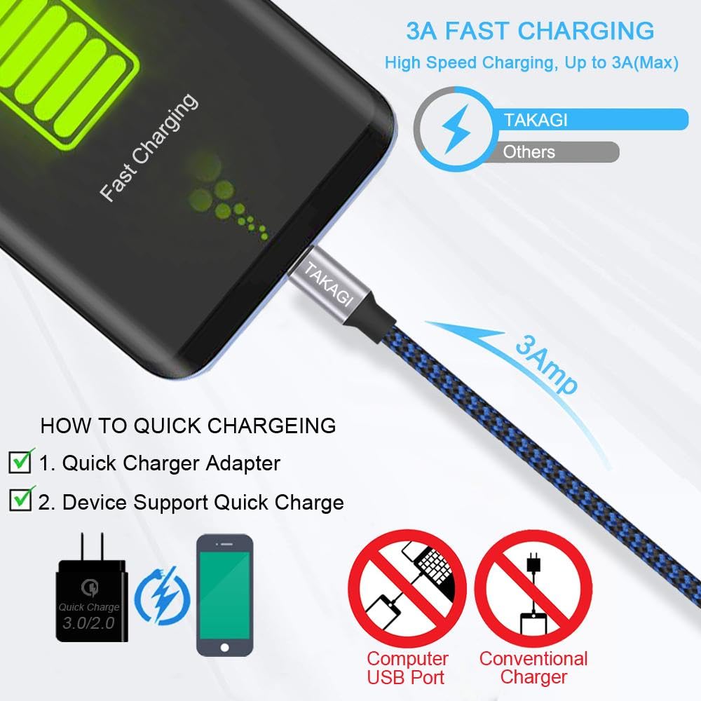 TAKAGI USB to USB C Cable (3Pack 6ft) USB A to Type C Cable Fast Charging Nylon Braided Data Sync Transfer Cord USB C Charger (Blue)