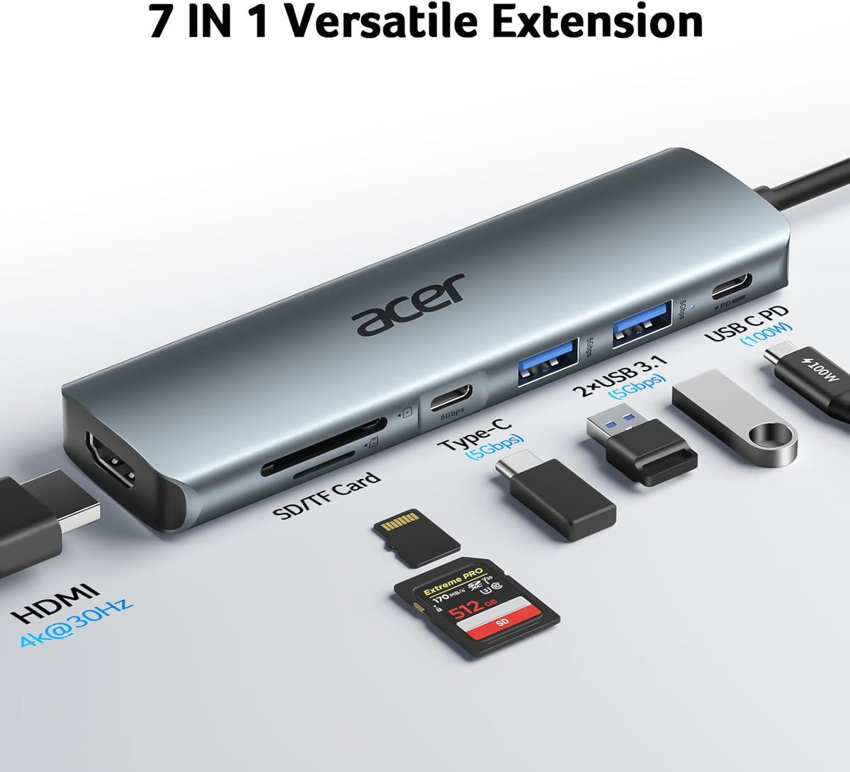 Acer USB C Hub, 7 in 1 Multi-Port Adapter for Laptop, 4K, HDMI Splitter with 2 USB A 3.1 & Type-C to HDMI Data Port, PD 100W Charging, SD Card Reader for Computer, Desktop, Space Grey