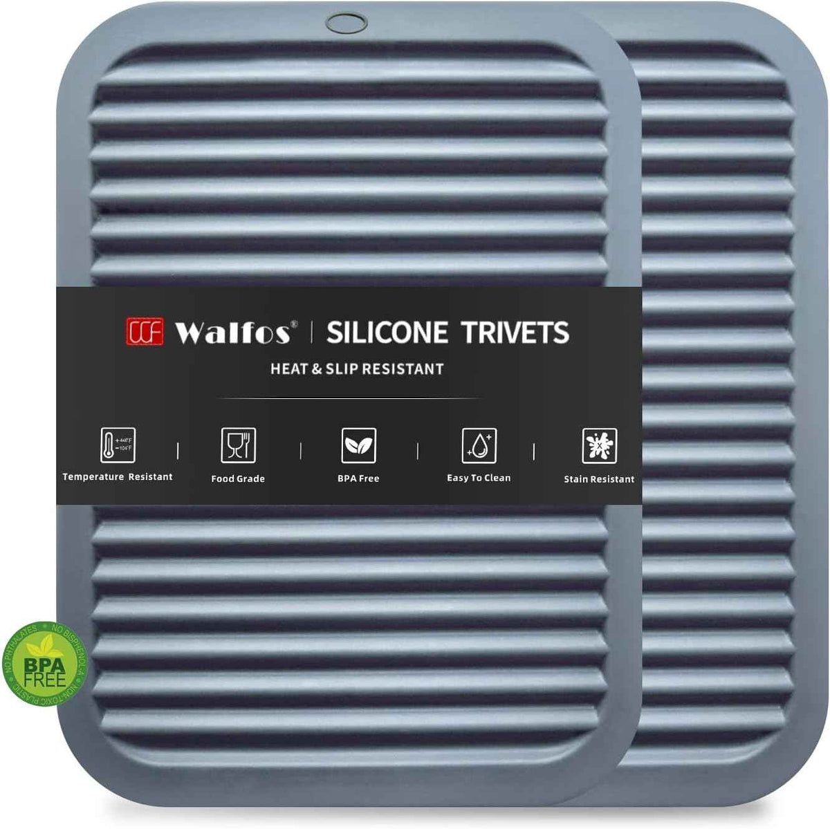 Walfos Silicone Trivet Mats - 4 Heat Resistant Pot Holders, Multipurpose Non-Slip Hot Pads for Kitchen Potholders, Hot Dishers, Jar Opener, Spoon Holder, Food Grade Silicone & BPA Free (Black)