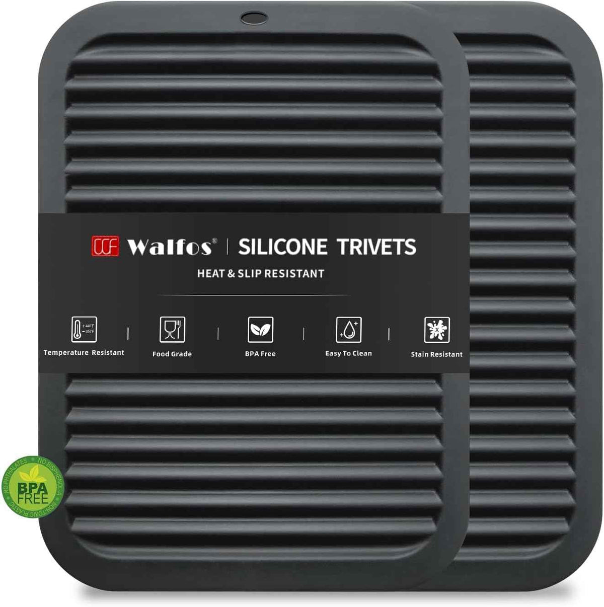 Walfos Silicone Trivet Mats - 4 Heat Resistant Pot Holders, Multipurpose Non-Slip Hot Pads for Kitchen Potholders, Hot Dishers, Jar Opener, Spoon Holder, Food Grade Silicone & BPA Free (Black)