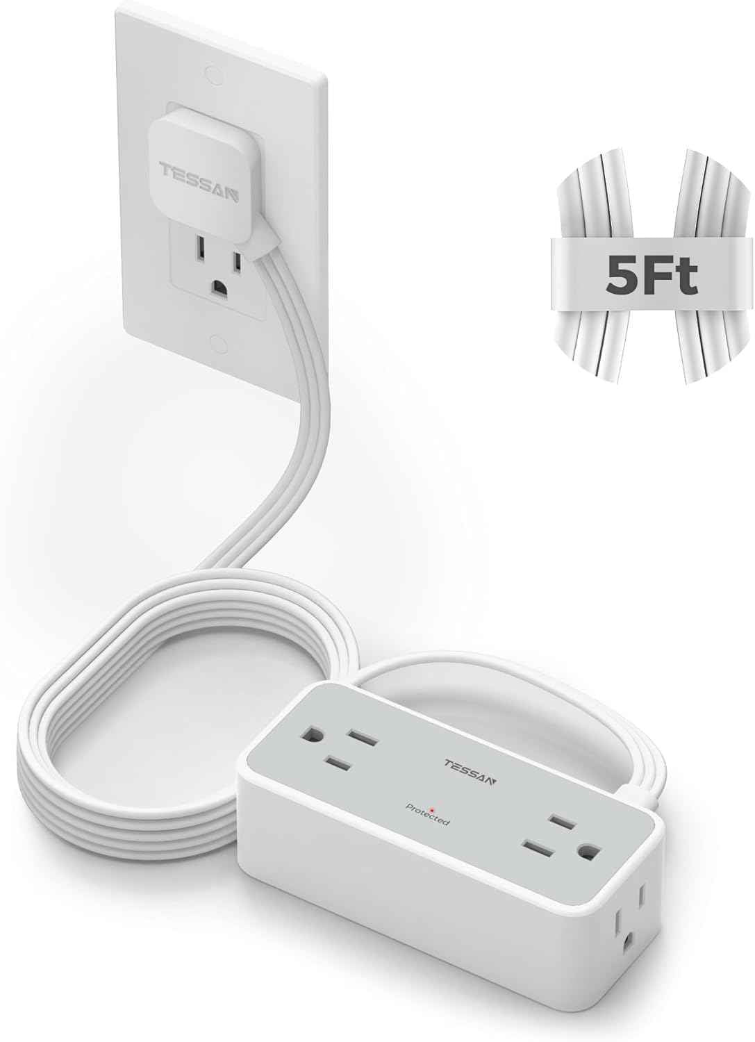 TESSAN Flat Plug Extension Cord 5 FT, Surge Protector Power Strip with 4 AC Outlets 1 USB C and 2 USB A Ports, 900 Joules Protection, Multiple Wall Outlet Extender Suitable for Home Office Dorm