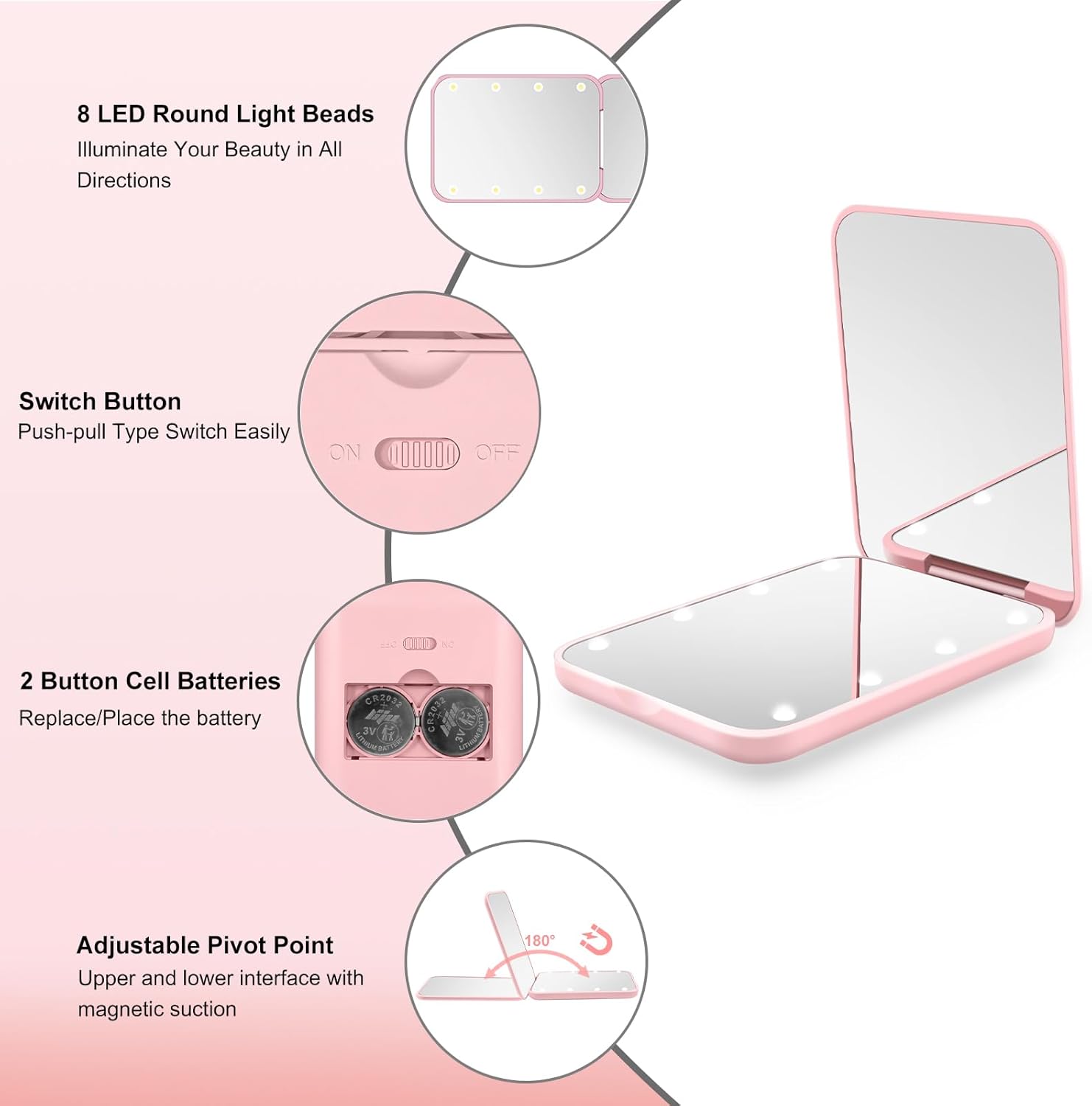 Compact Mirror, 1X/3X Magnification LED Pocket Mirror with Nternal BIattery, Mini Mirror for Purse, Pocket,Travel and Present (Pink)