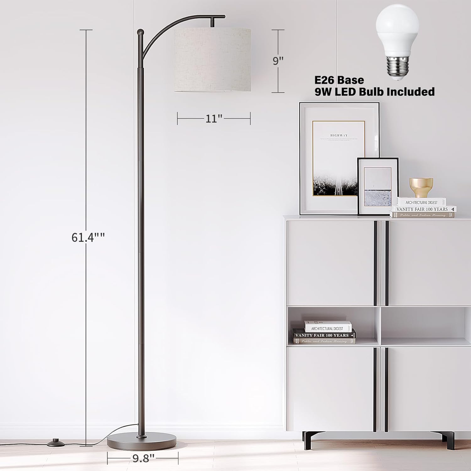 SUNMORY Arc Floor Lamp,Modern Floor Lamp with 9W 3 Color Temperatures Bulb,Metal Standing Lamps with Adjustable Hanging Lampshade,Tall Floor Lamps for Living Room,Bedroom,Office (Black)