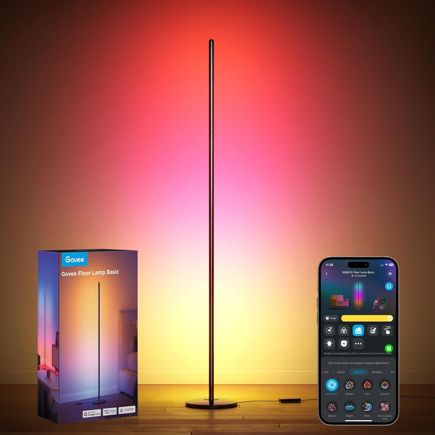 Govee RGBIC Floor Lamp Basic, 1000lm LED Corner Lamp Compatible with SmartThings, Alexa, and Matter, Modern Floor Lamp with Music Sync and 16 Million DIY Colors, Standing Lamp for Bedroom Living Room