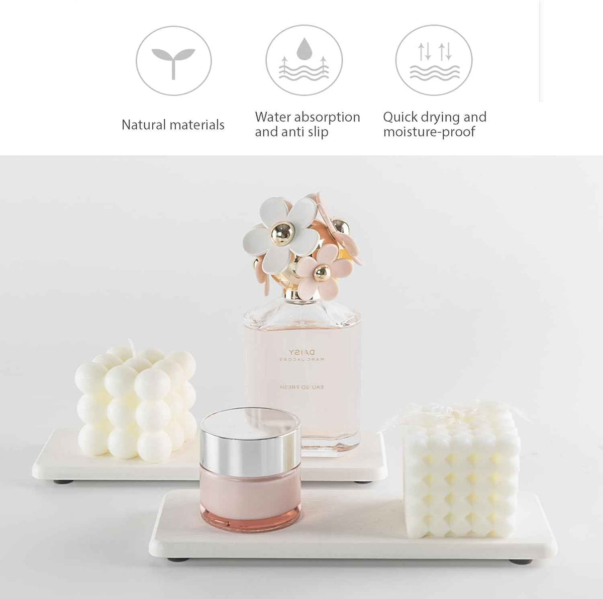 2 Pcs Water Absorbing Stone Trays, Kitchen/Bathroom Sink Soap Dish, Diatomite Tray Used for Hand Soap & Cosmetic Bottles in The Modern Home, 3.15" W x 8.7" L, White