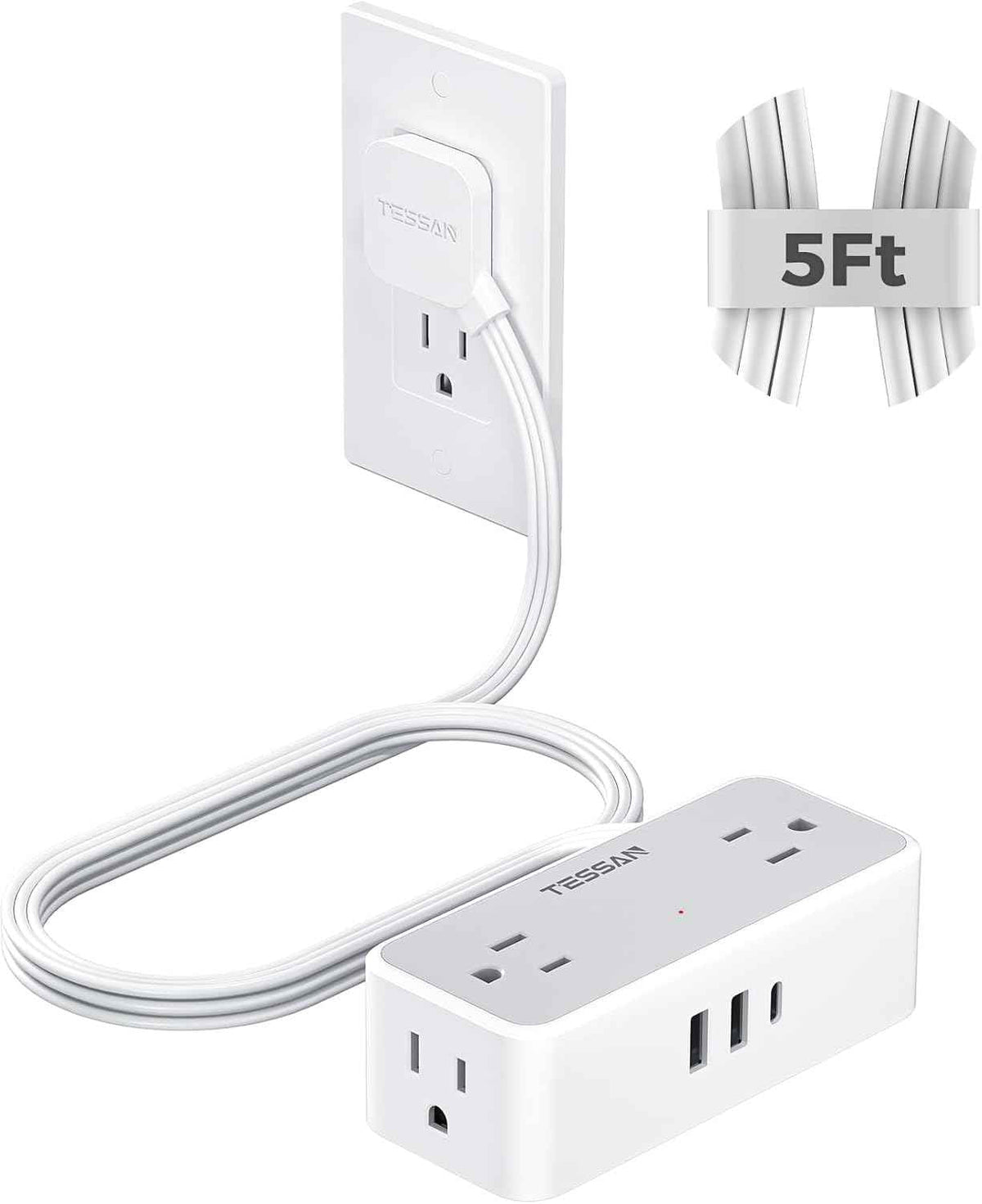 TESSAN Flat Plug Extension Cord 5 FT, Surge Protector Power Strip with 4 AC Outlets 1 USB C and 2 USB A Ports, 900 Joules Protection, Multiple Wall Outlet Extender Suitable for Home Office Dorm