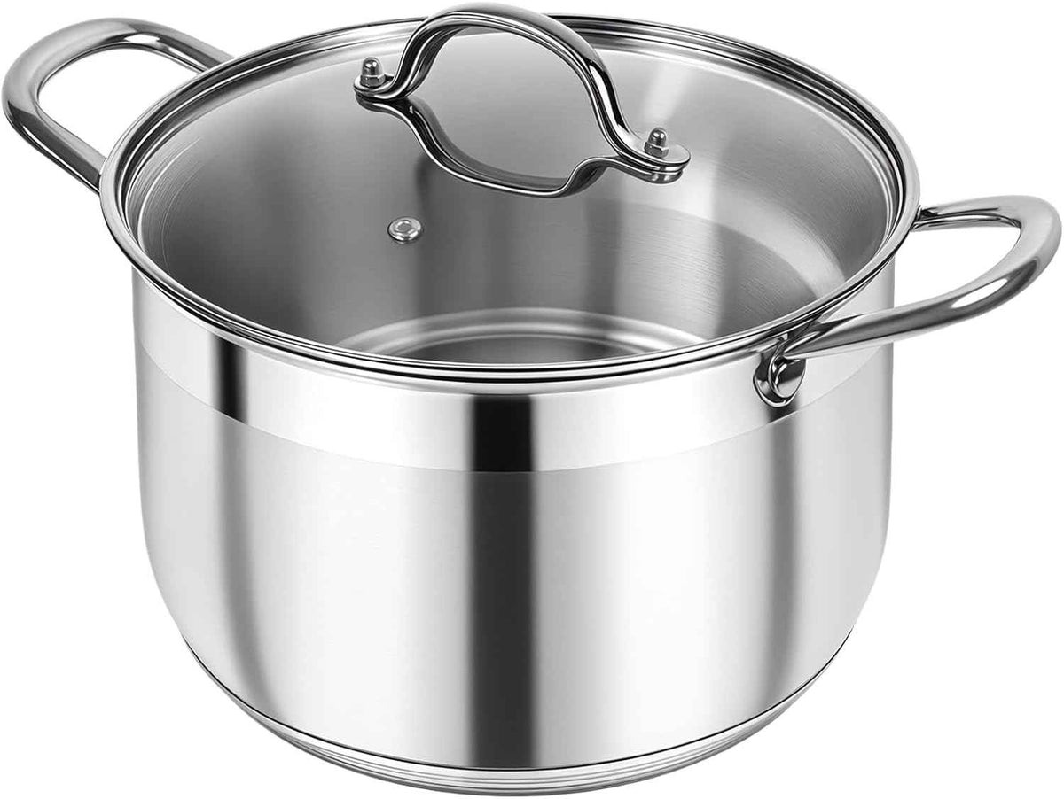 Kirecoo Stainless Steel Stock Pot - 8 Quart Heavy Duty Induction Cooking Pot with Visible Lid for Pasta, Soup, Spaghetti, Nonstick Thick Bottom Big Stockpot, Deep Cookware for Canning, Boiling, Simmer