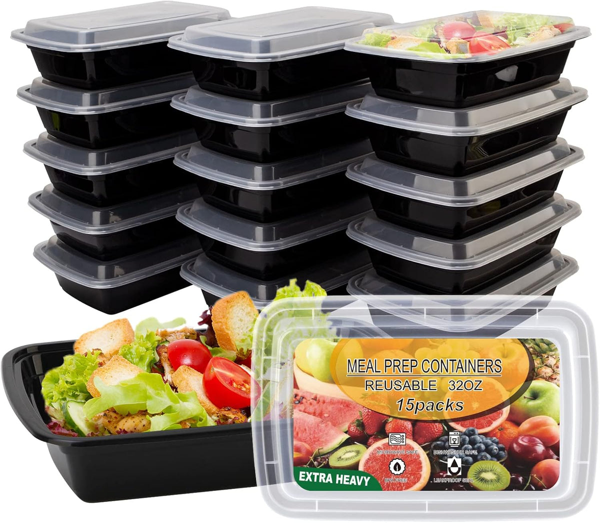 15 Pack- Meal Prep Containers 32oz, Plastic Food Prep Containers Reusable, Leakproof To Go Food Containers with Lids, BPA-Free, Microwave/Dishwasher/Freezer Safe