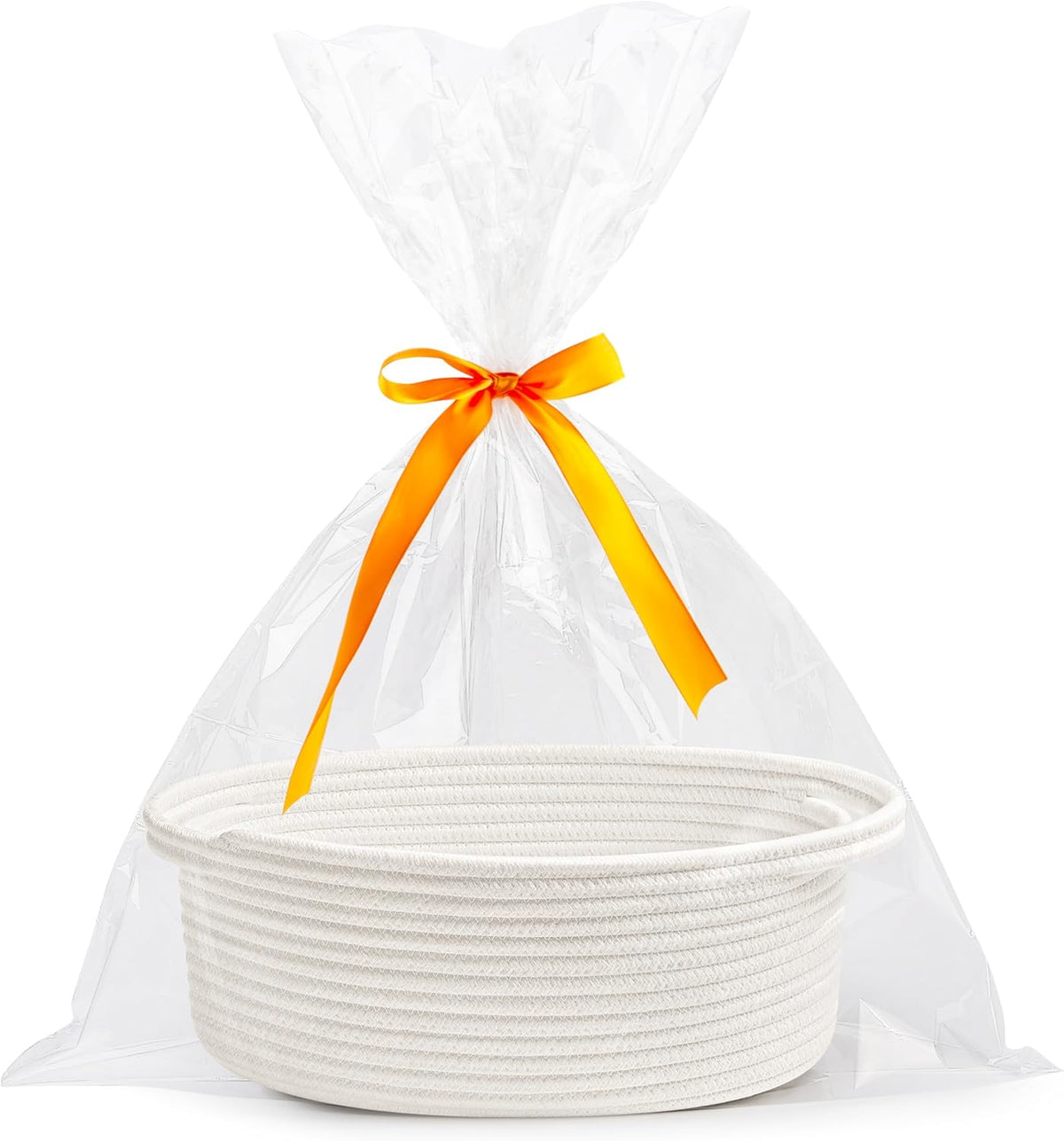White small woven burr basket with gift bags and ribbons, 12" x 8" x 5", durable storage for gifts, baby toys, and living room essentials