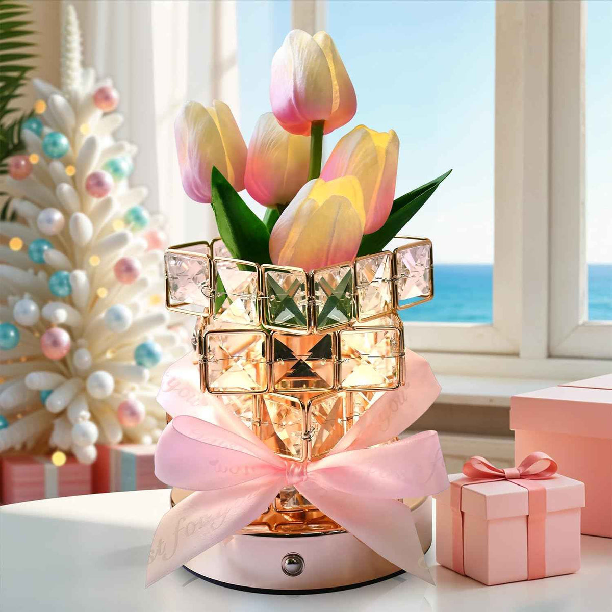 Tulip Flower Lamp, Valentine’s Day Gifts for Women, Romantic Home Decor Flower Gift for Girlfriend Wife, Rechargeable Cordless Touch Table Lamp, 3 Color Infinitely Dimming Night Light