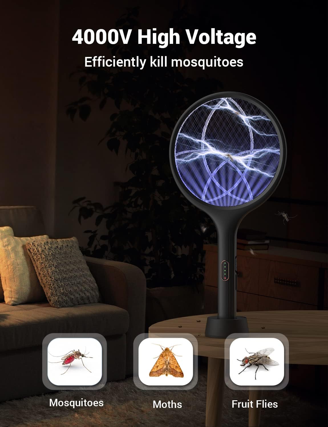 YISSVIC Electric Fly Swatter Bug Zapper Racket Dual Modes Mosquito Killer with Purple Mosquito Light Rechargeable for Indoor Home Office Backyard Patio Camping (Black 2 Pack)