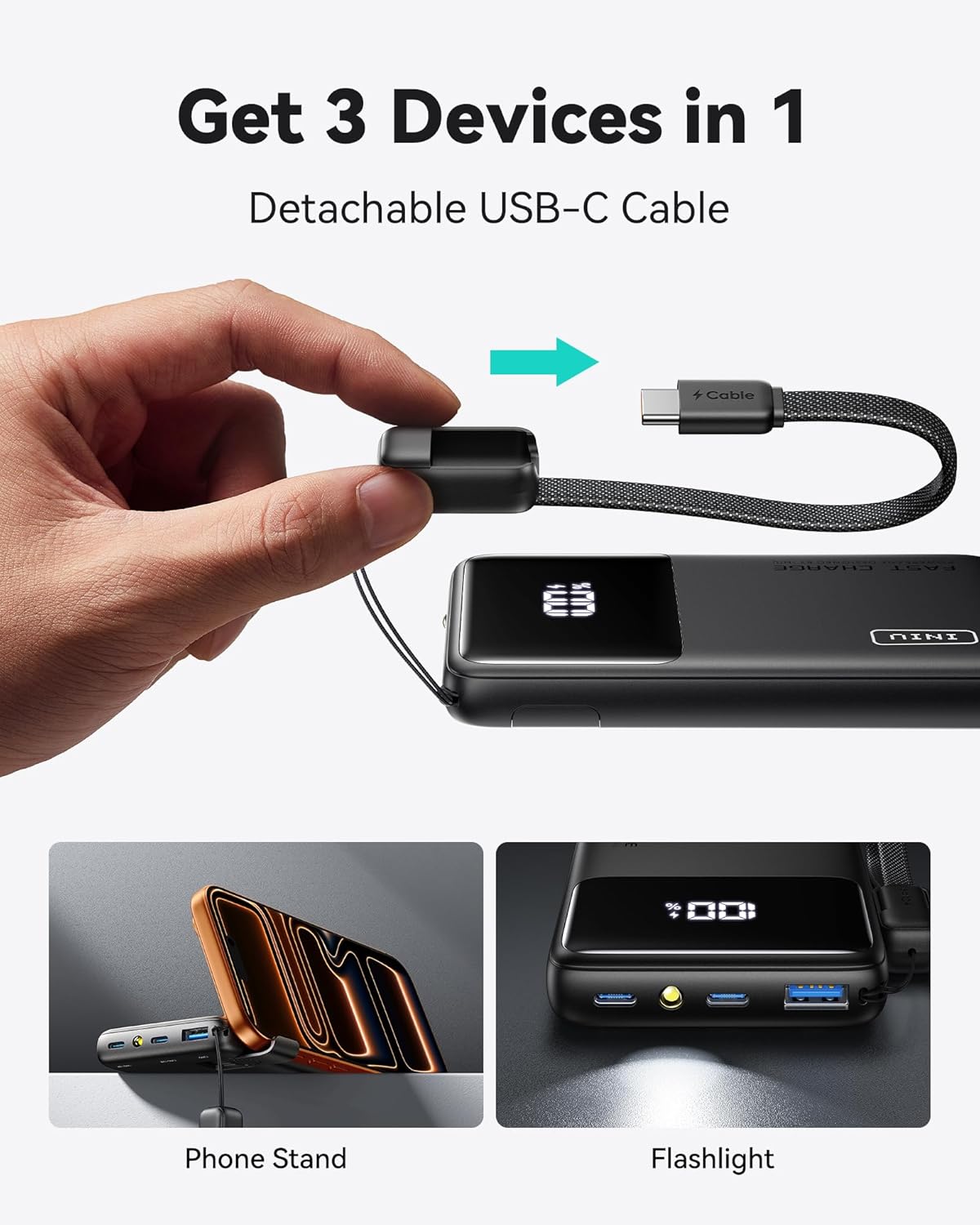 INIU Portable Charger, Compact 45W Fast Charging Power Bank, 10000mAh USB C Battery Pack with Cable & Stand, TSA Travel Phone Charger for iPhone 17 16 15 14 Pro Max Air, Samsung S26 S25, iPad etc