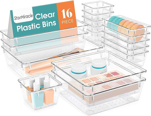 16 PCS Drawer Organizer Set, 5 Varied Size Bathroom and kitchen Drawer cabinet organizer Trays, Clear Storage Bins for Makeup, Jewelry, Utensils and Gadgets