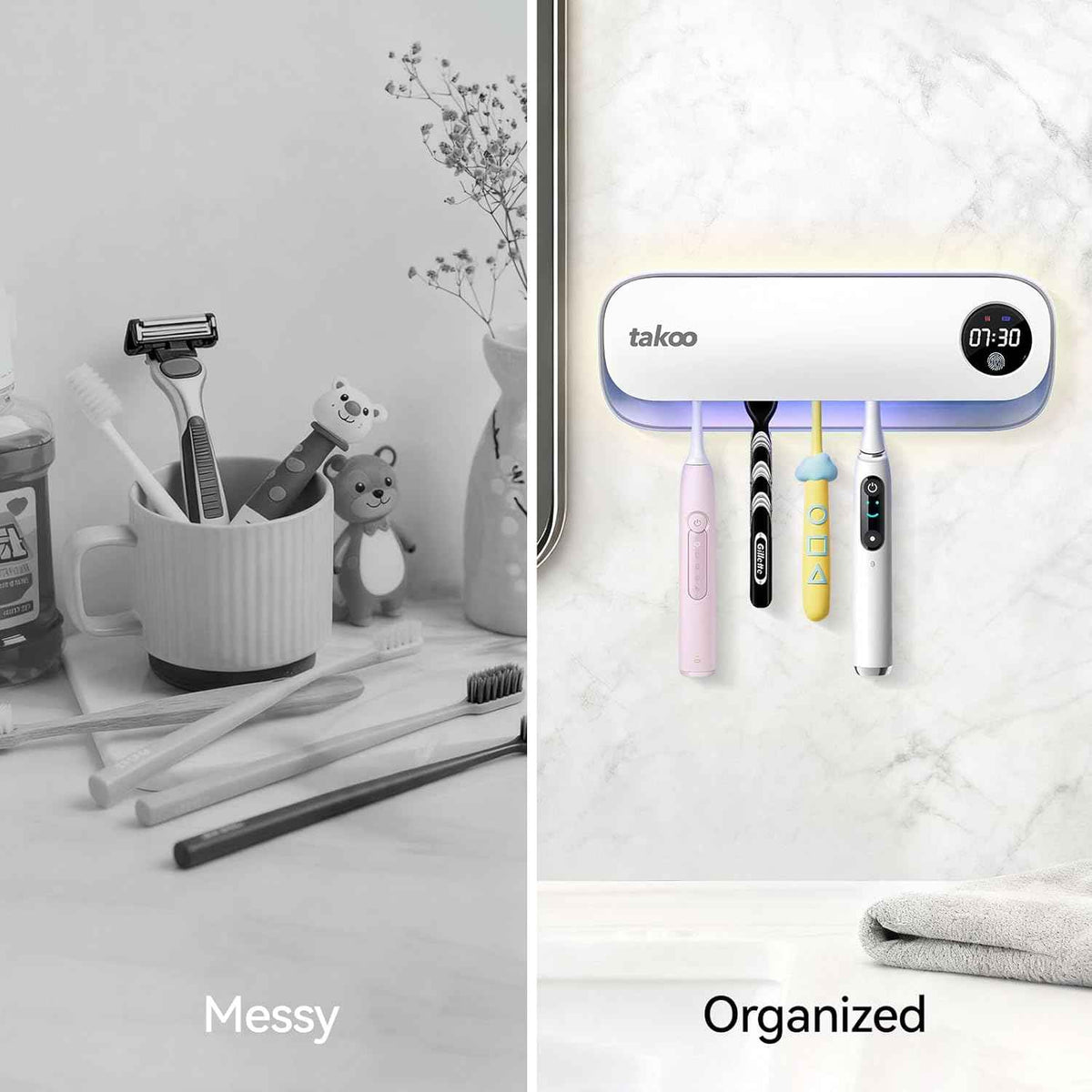 Takoo Toothbrush Cleaner, 4 Slots Wall Mounted Toothbrush Holder for Bathroom, Smart Hot Air Drying Technology, Rechargeable Smart Home Gadget
