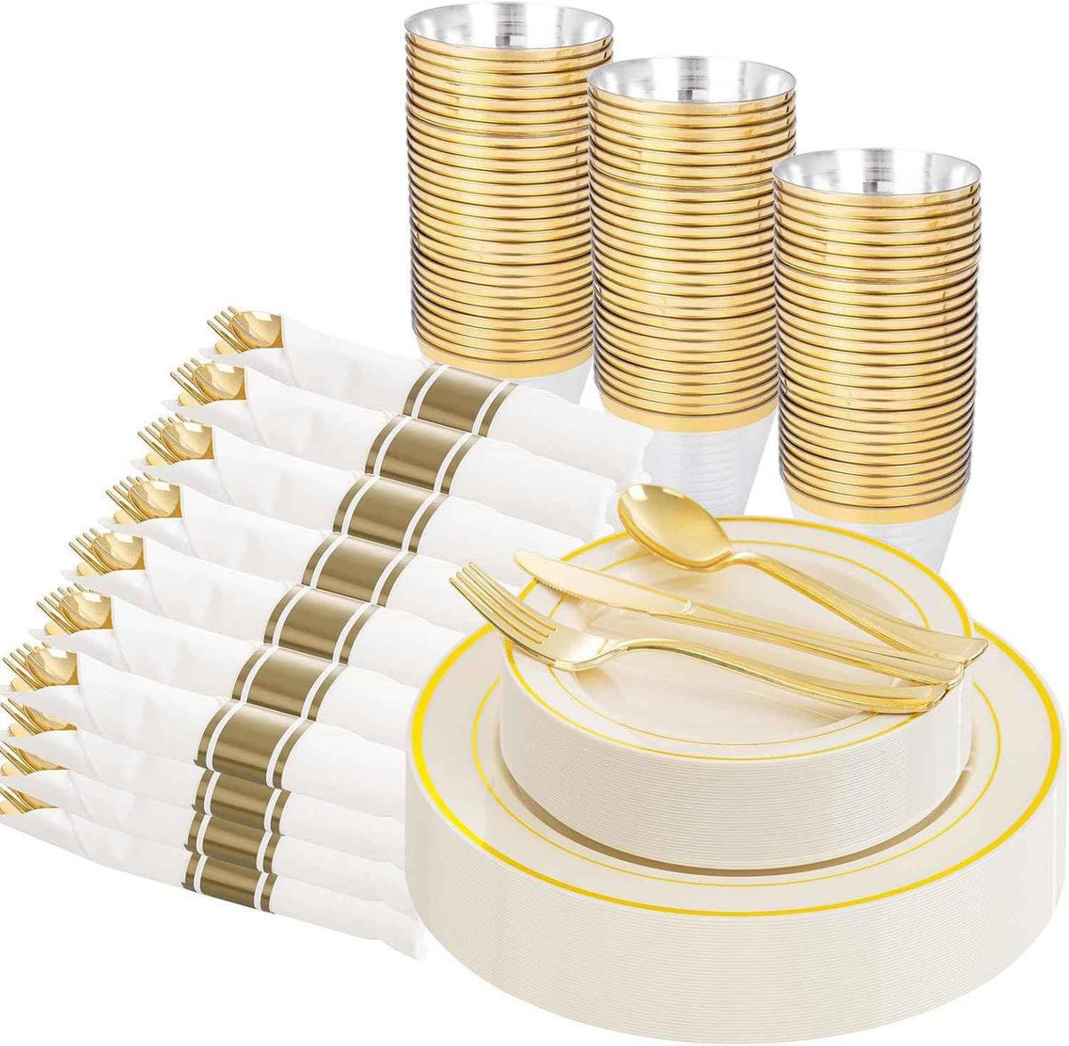 WELLIFE 700 Pieces Gold Plastic Dinnerware Set for 100 Guests - Includes Plates, Cups, Napkins, and Disposable Cutlery - Elegant White & Gold Design, Perfect for Parties and Events