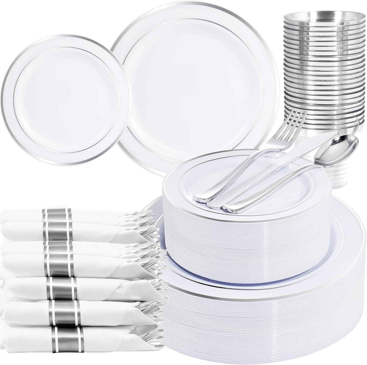 WELLIFE 700 Pieces Gold Plastic Dinnerware Set for 100 Guests - Includes Plates, Cups, Napkins, and Disposable Cutlery - Elegant White & Gold Design, Perfect for Parties and Events