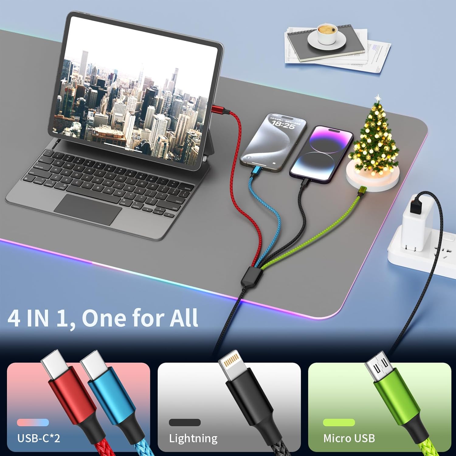 4 in 1 Multi Charging Cable [2Pack 5FT], Nylon Braided 4 in 1 Charger Cord, Universal Charger with IP/Type C/Type C/Micro Port, Compatible with Most Cell Phones/Tablets and More