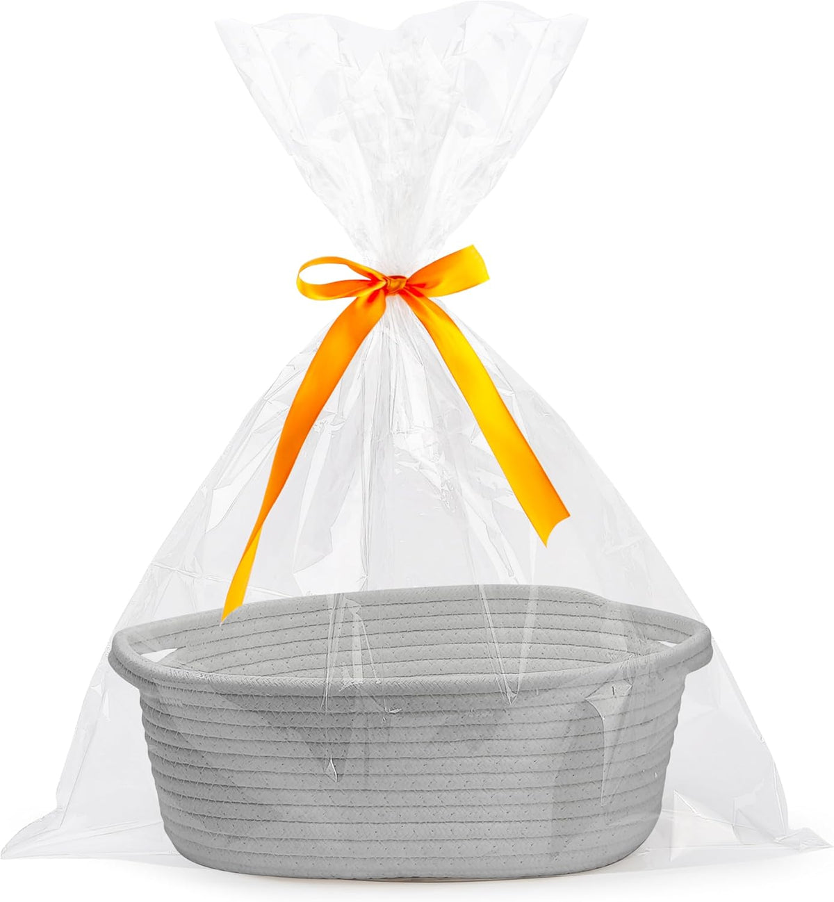 White small woven burr basket with gift bags and ribbons, 12" x 8" x 5", durable storage for gifts, baby toys, and living room essentials